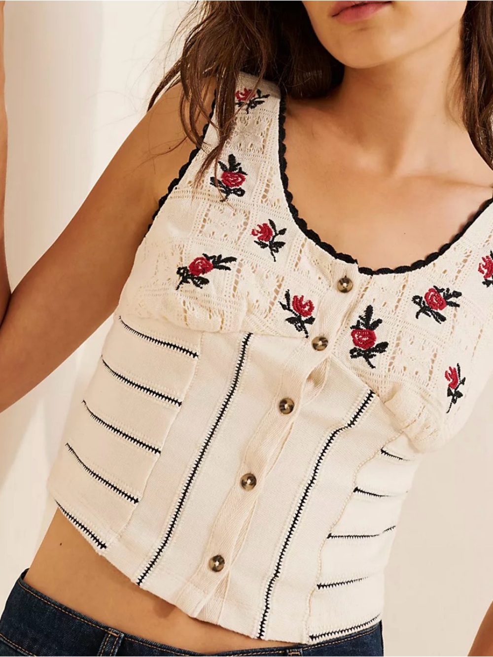 Free People Cream Button-Down Embroidered Rose Knit Tank